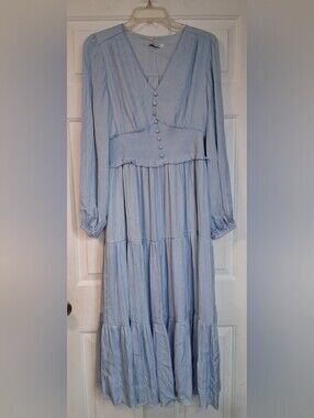S. Adriana Powder Blue Long Sleeve Tiered Maxi Dress Smocked Waist Large